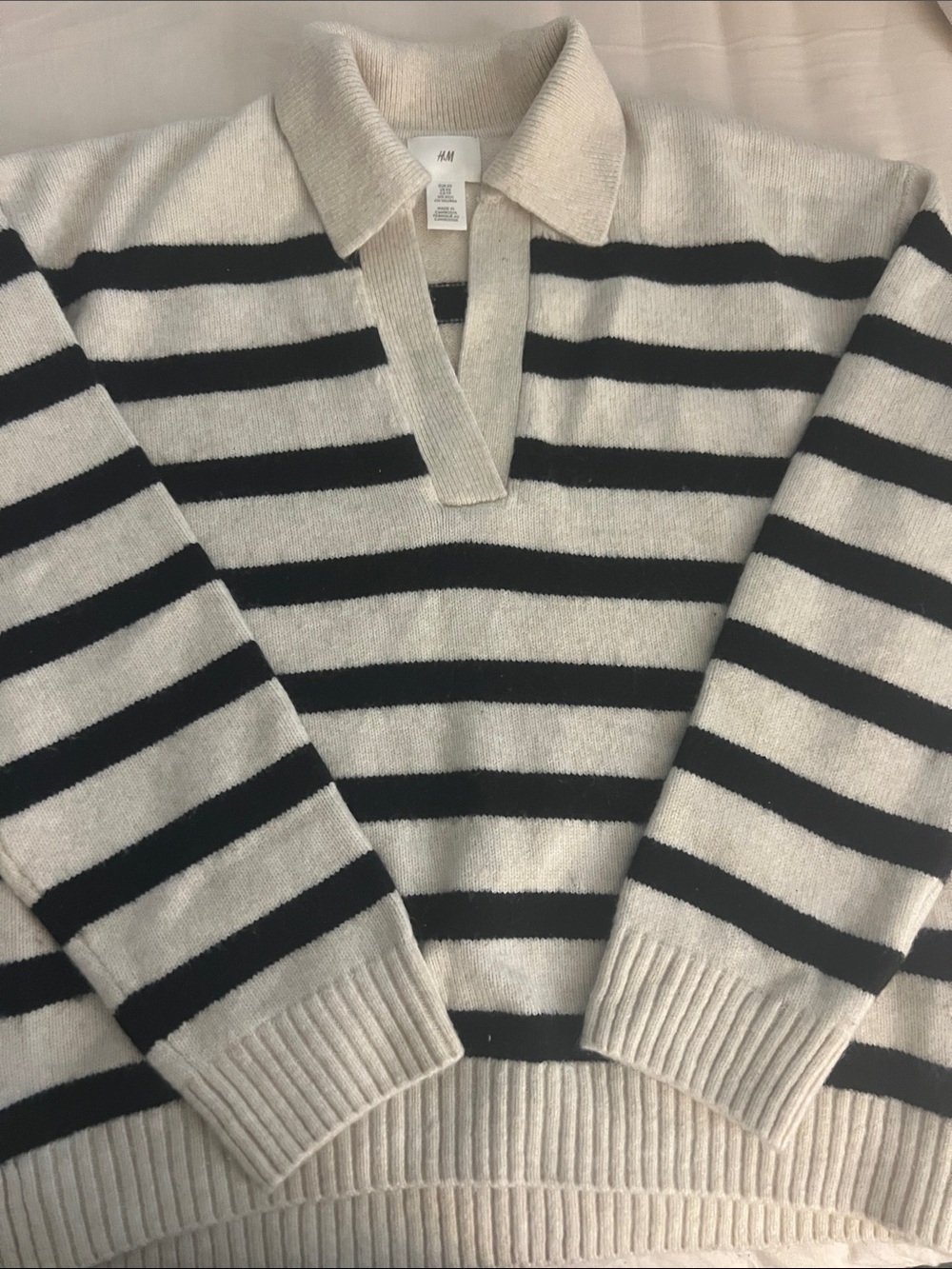 H&M Cream and Black Striped V-Neck Collared Sweater